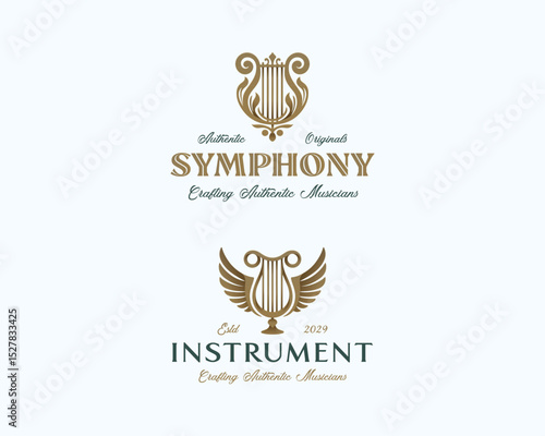 Elegant and Luxury Harp Music Instrument Logo Design for orchestra instruments and Symphony Music Course School
