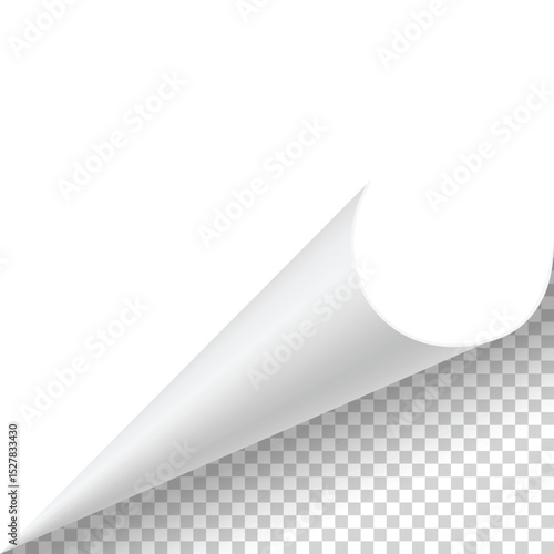 Curled paper corner. Curve page corner, page edge curl and bent paper sheet with realistic shadow. Paper corner fold isolated on white background