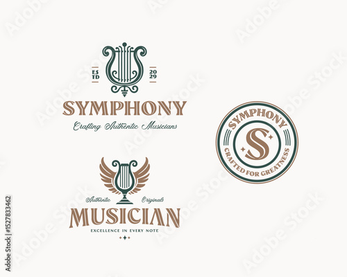 Elegant and Luxury Harp Music Instrument Logo Design for orchestra instruments and Symphony Music Course School