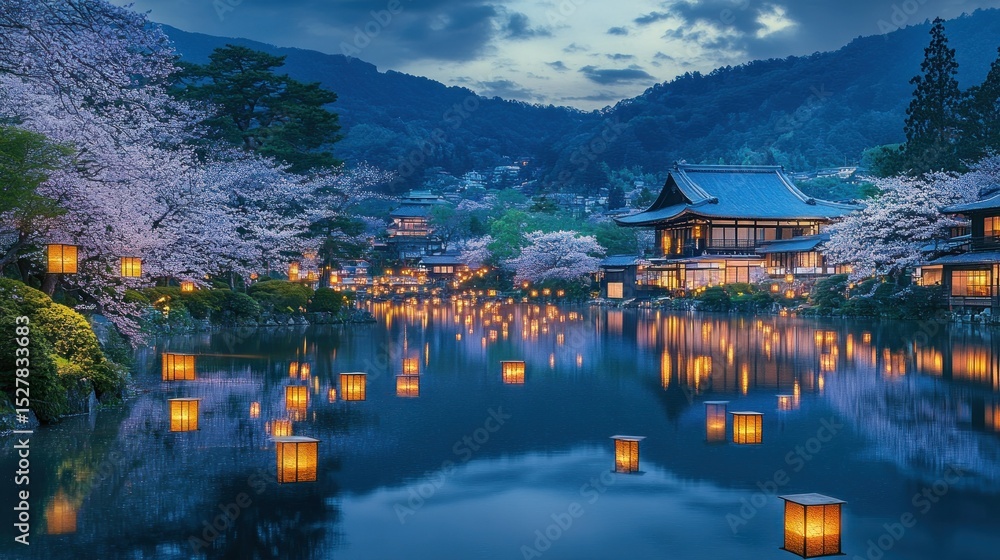 Fototapeta premium Cherry blossoms, lanterns, and temples by a tranquil pond at twilight