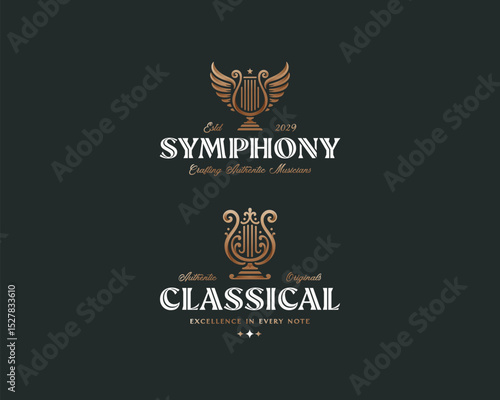 Elegant and Luxury Harp Music Instrument Logo Design for orchestra instruments and Symphony Music Course School