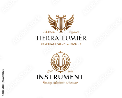 Elegant and Luxury Harp Music Instrument Logo Design for orchestra instruments and Symphony Music Course School