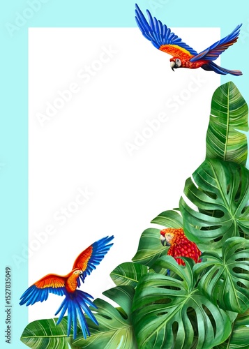 Tropical parrot postcard with lush flowers and jungle leaves. Ideal for summer greetings, vacation memories, or exotic invitations. Hand-painted in vibrant watercolor style.

