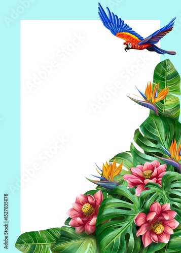 Tropical parrot postcard with lush flowers and jungle leaves. Ideal for summer greetings, vacation memories, or exotic invitations. Hand-painted in vibrant watercolor style.
