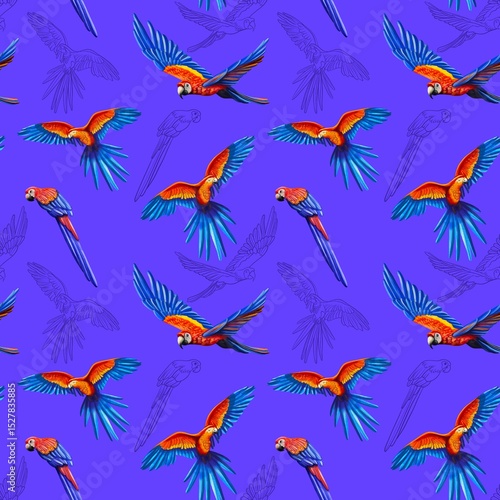 Tropical Parrot and Exotic Flowers Seamless Pattern. Bright seamless tropical pattern with parrot, lotus, protea, strelitzia, and palm leaves. Perfect for textile, packaging, branding, summer produkt