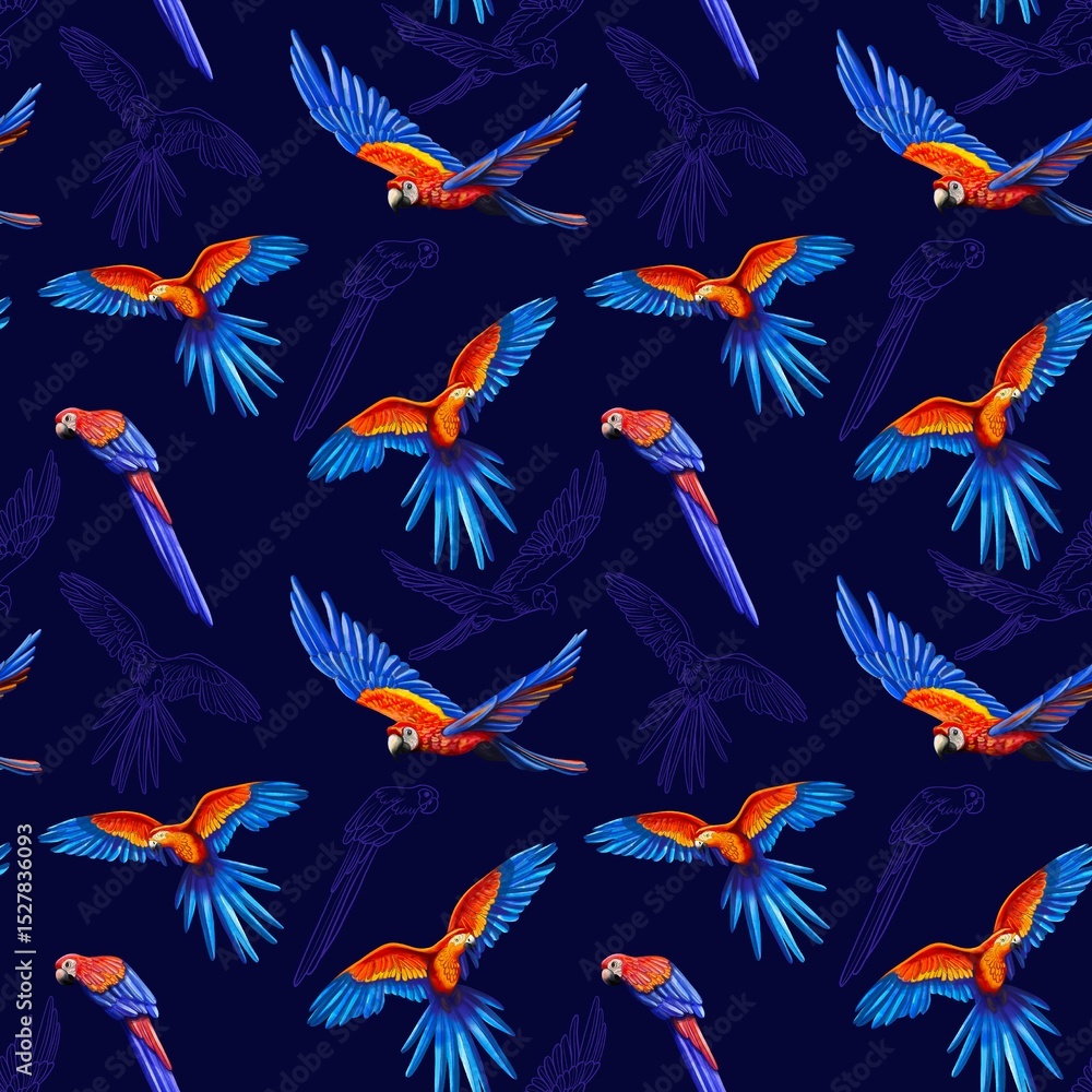 Tropical Parrot and Exotic Flowers Seamless Pattern. Bright seamless tropical pattern with parrot, lotus, protea, strelitzia, and palm leaves. Perfect for textile, packaging, branding, summer produkt Tropical Parrot and Exotic Flowers Seamless Pattern. Bright seamless tropical pattern with parrot, lotus, protea, strelitzia, and palm leaves. Perfect for textile, packaging, branding, summer produkt