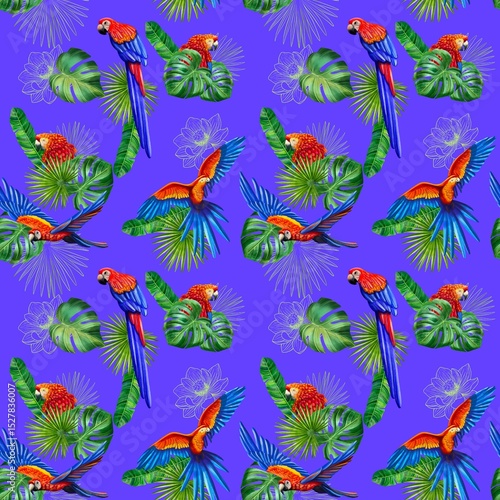 Tropical Parrot and Exotic Flowers Seamless Pattern. Bright seamless tropical pattern with parrot, lotus, protea, strelitzia, and palm leaves. Perfect for textile, packaging, branding, summer produkt