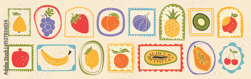 Summer fruit set. Hand drawn berry and fruit. Retro look with charcoal line. Fresh lemon, apple, orange. Fun stamp, cute logo, bold print. Vector doodle for cards, wrap, label or shirt