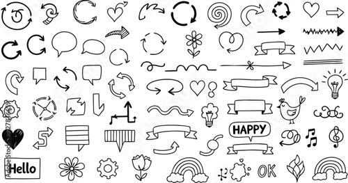 Collection of hand drawn doodle elements arrows hearts ribbons speech bubbles and other decorative graphic designs