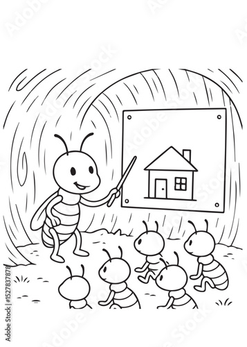 Coloring book termite is pointing with a stick to a drawing of a house on a board, seemingly teaching a group of four smaller termites