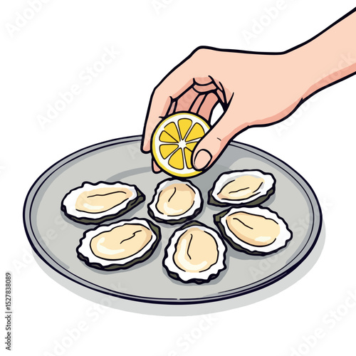 Vsai chef squeezing lemon on fresh oysters on plate