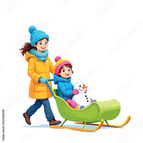 Vsai happy smiling girl pulling sled with little sister and snowman