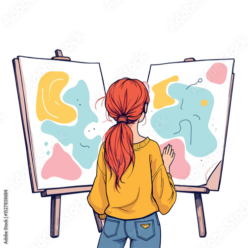 Vsai female artist comparing two abstract paintings on easels