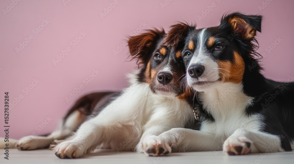 Fototapeta premium Two Adorable Border Collie Friends Cuddled Together in a Cozy Indoor Setting, Dog Love and Affection