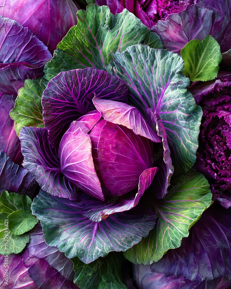 Obraz premium Vibrant purple cabbage with lush green leaves.