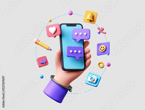 3D Render of Hand Holding Smartphone with Social Media Notifications