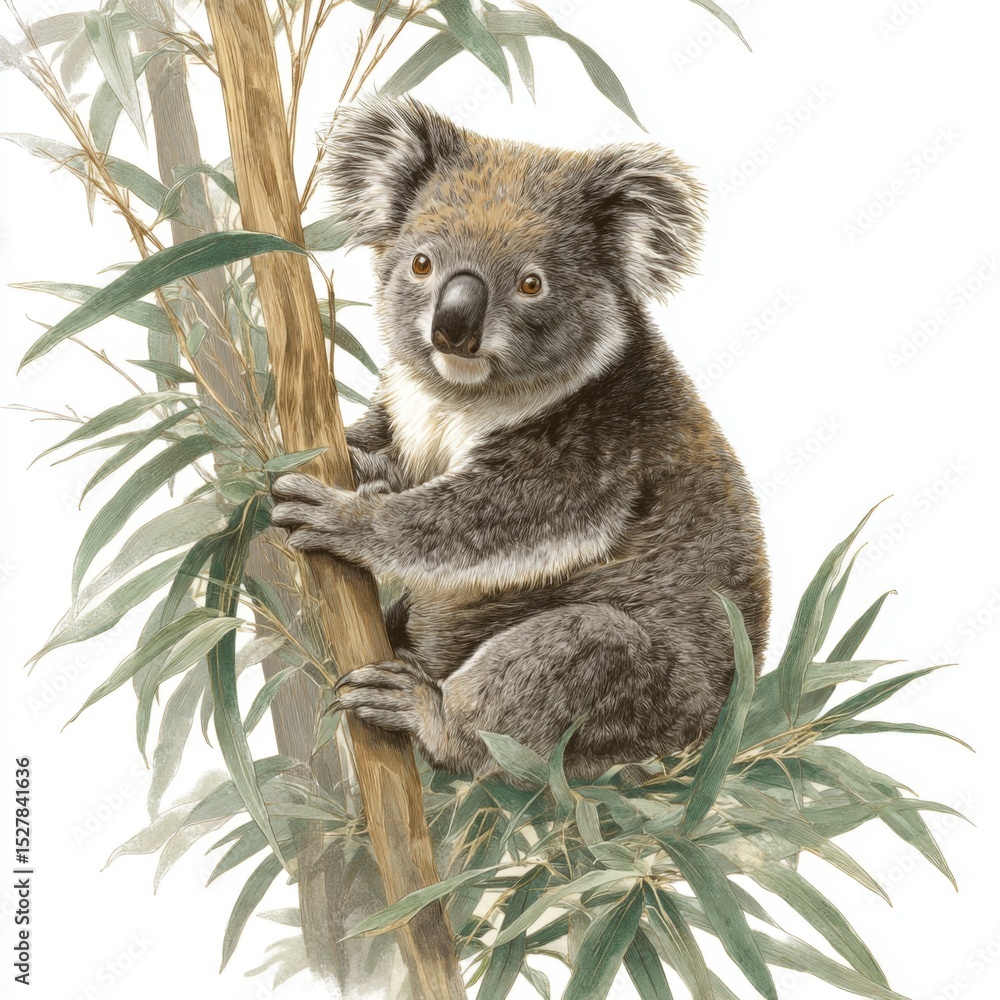 Obraz premium Cute koala sitting on a branch surrounded by lush green eucalyptus leaves in a serene natural setting