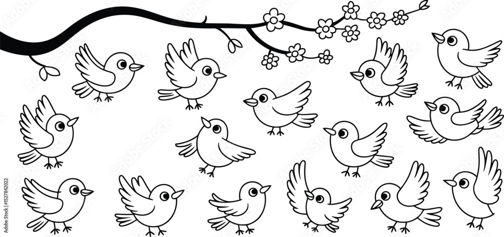 Naklejka premium Cute cartoon birds flying and perching on blooming tree branch, black and white vector illustration, spring design, coloring page art