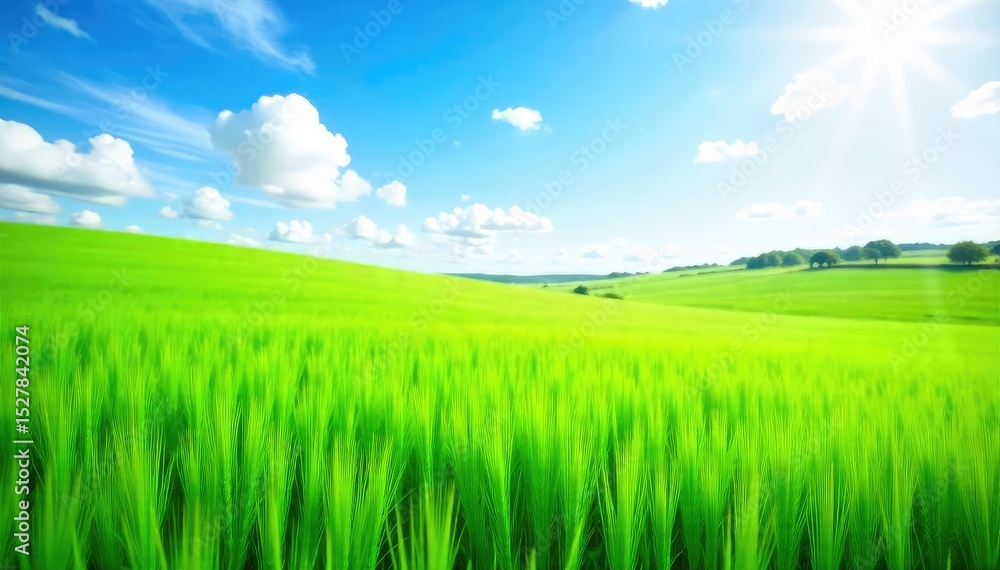 Obraz premium A lush field of vibrant green herd grass, swaying gently in the breeze, under a bright summer sky Perfect for agricultural, environmental, and nature-themed projects , natural, organic, nature