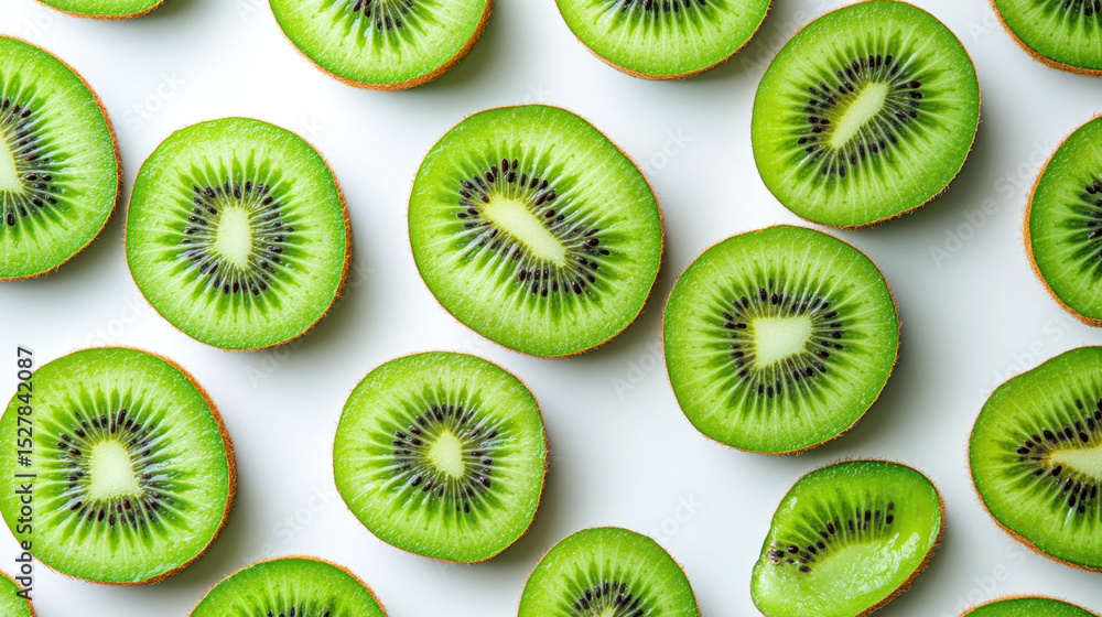 Bright Green Kiwi Fruit Slices on White Background Bright Green Kiwi Fruit Slices on White Background