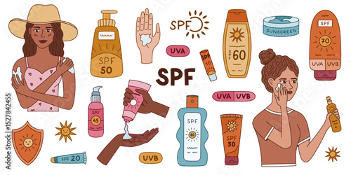 Big lovely colored doodle set about SPF protection with lady applying sunblock, different tubes, lotion, cream, spray. Protective cosmetic against ultraviolet rays isolated on white background.