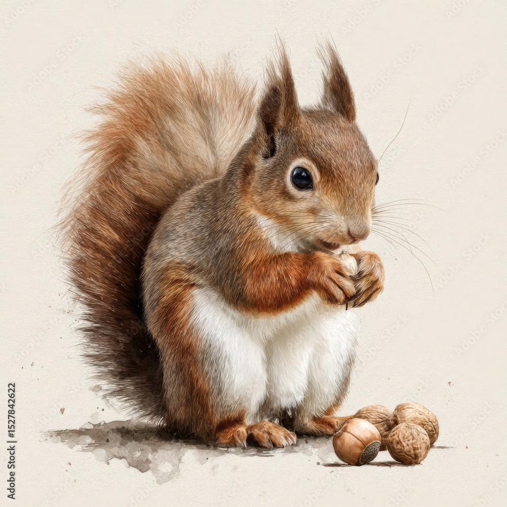 Obraz premium Cute Squirrel Sitting on Ground with Nuts in Its Paws Against a Light Background Capturing Nature's Charm and Whimsy