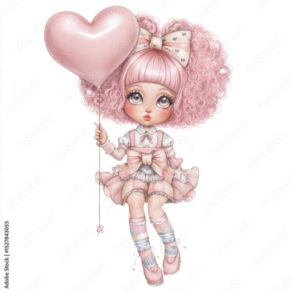 Fototapeta premium Cute girl with pink balloon, pastel colors, curly hair, wearing bow, sweet expression, whimsical art style for children’s themes