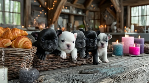 iblack and white French Bulldog puppies are nestled together in a cozy wicker basket. Their sweet faces and curious eyes make for an endearing scene, perfect for conveying warmth and cuteness