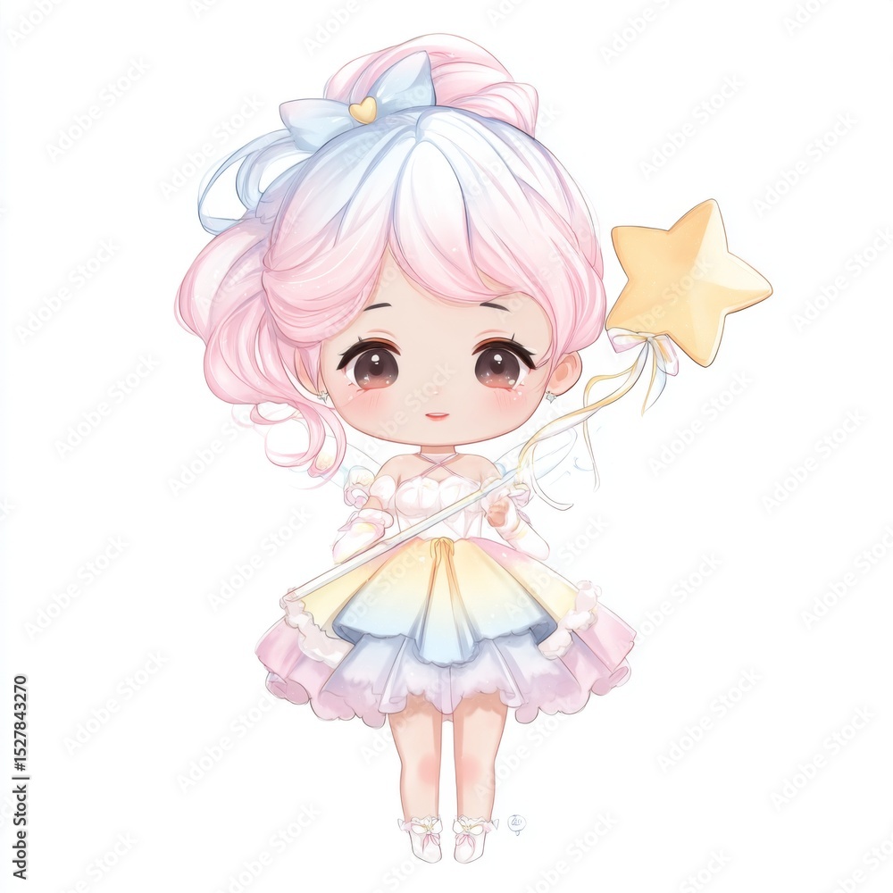 Adorable pastel fairy with pink hair and star wand in a whimsical dress, perfect for character design and children's art Adorable pastel fairy with pink hair and star wand in a whimsical dress, perfect for character design and children's art