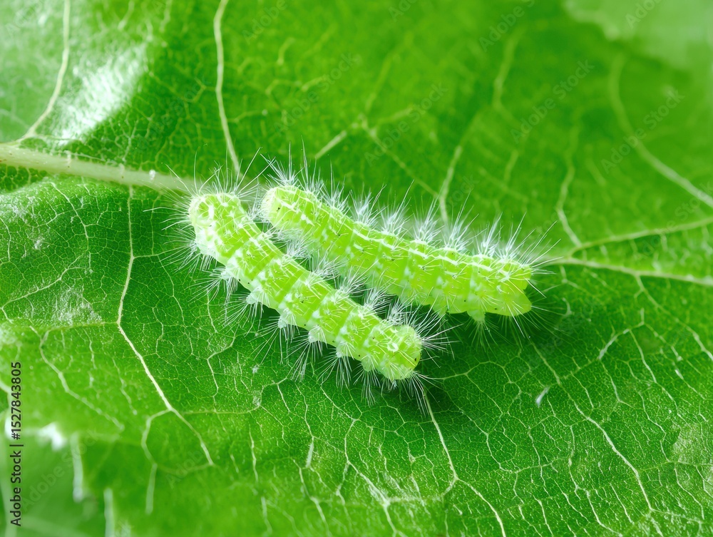 Fototapeta premium Two green caterpillars are crawling on a leaf