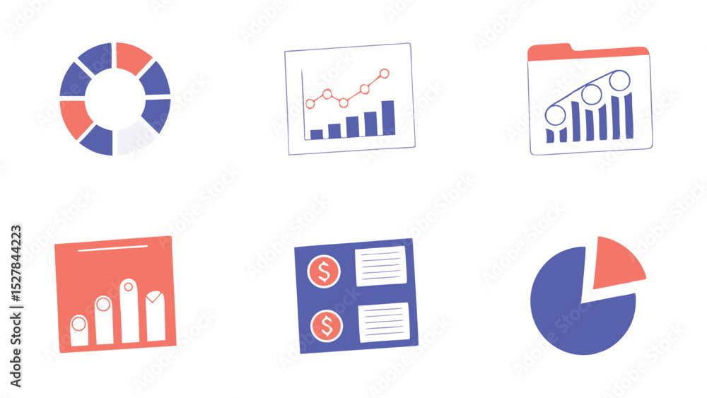 Illustration of six various business charts and graphs on a white background in a simple style Illustration of six various business charts and graphs on a white background in a simple style