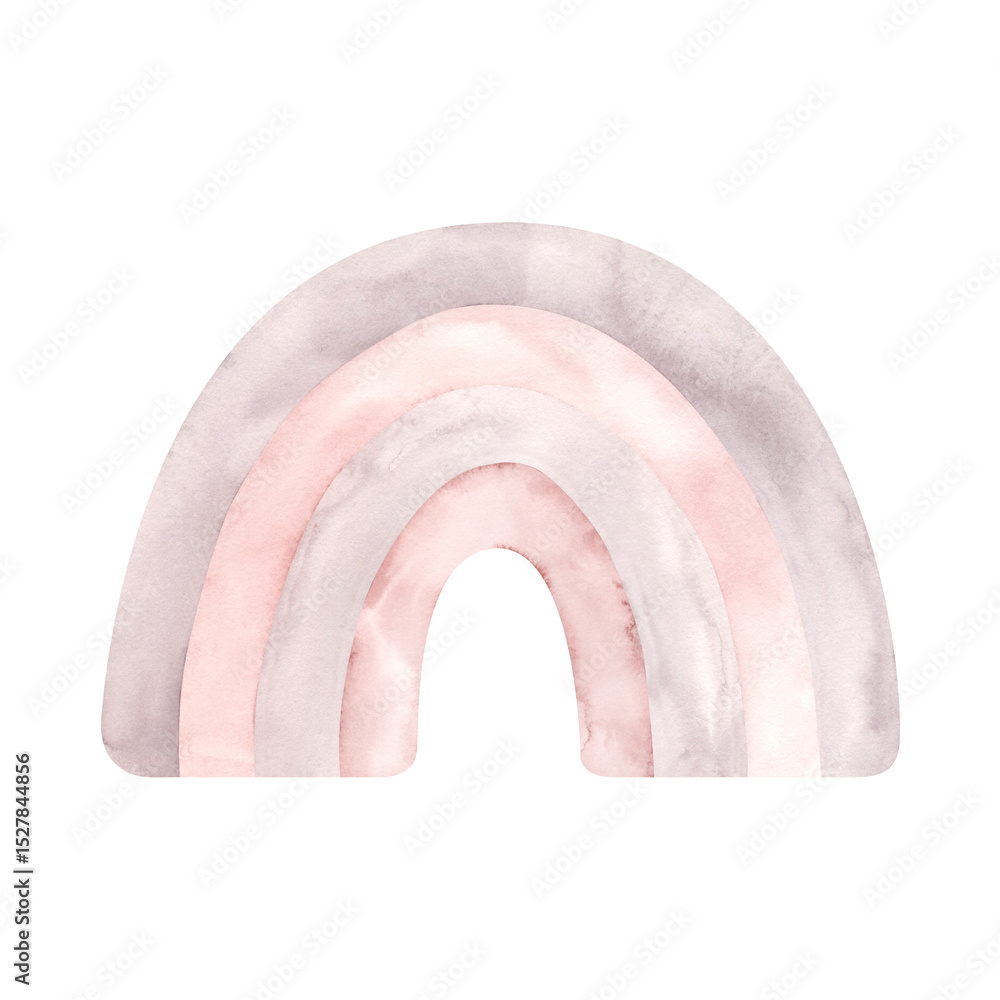 Fototapeta premium Pink dreams. Watercolor hand-drawn illustration with rainbow in pastel pink colors. Fairytale illustration for baby girl. For design baby shower, birthday, girls's parties and nursery.