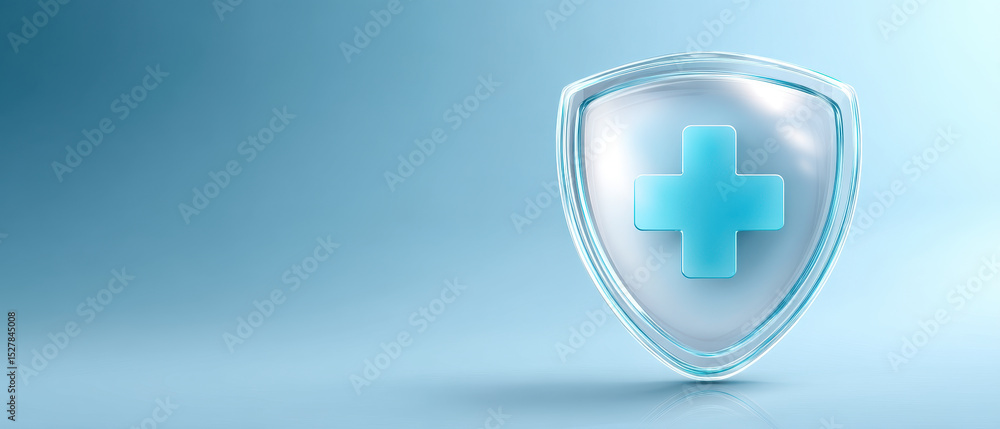 Obraz premium Trustworthy health insurance concept with transparent shield and blue medical cross symbol on light blue background representing protection and care for wellbeing
