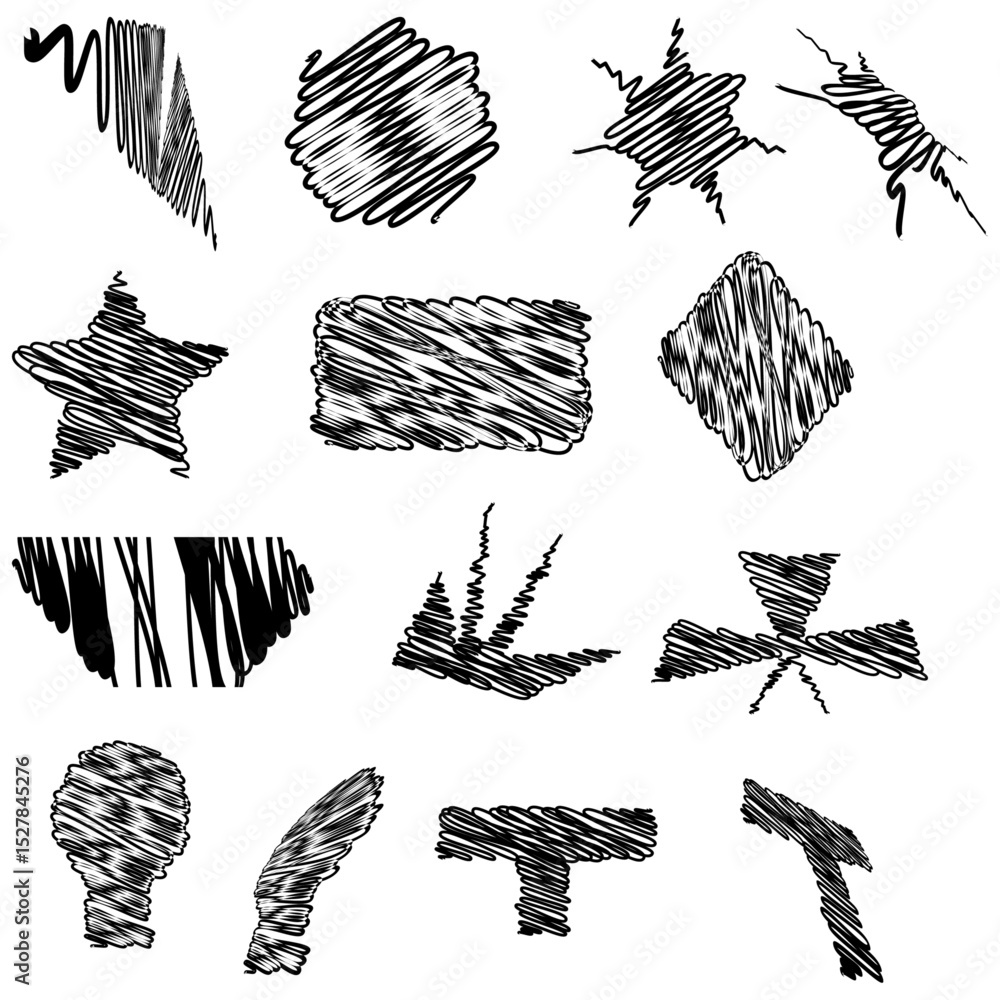 Collection of hand drawn scribble shapes including star rectangle diamond and abstract forms in black and white Collection of hand drawn scribble shapes including star rectangle diamond and abstract forms in black and white