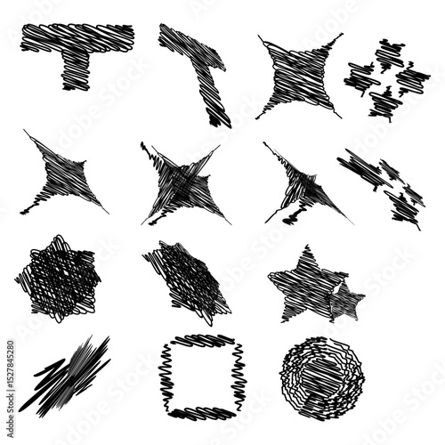 Collection of various hand drawn scribble shapes including stars squares and abstract forms in black and white