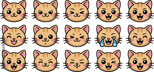 Cute orange tabby cat emoji faces with various expressions, cartoon style vector illustration, adorable animal emotions, kawaii pet icons