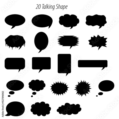 Collection of twenty black speech bubbles with various shapes and styles arranged in a grid pattern