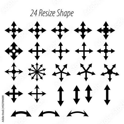 Collection of twenty four black arrow shapes pointing in various directions on a white background design