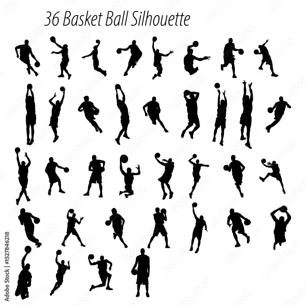 Collection of thirty six basketball player silhouettes in various poses dribbling shooting and jumping action Collection of thirty six basketball player silhouettes in various poses dribbling shooting and jumping action