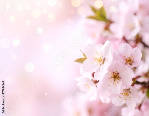 薄いキラキラしたぼやけたピンクの背景と片側に配置された桜