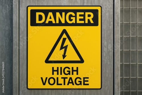 High Voltage Danger Sign: Close-up of a bright yellow industrial warning sign with bold black lettering indicating high voltage danger.