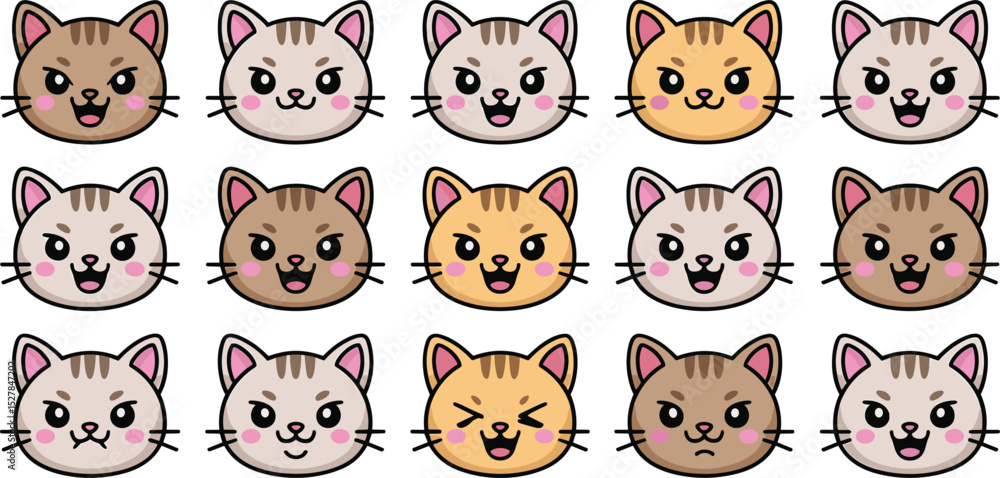 Cartoon cat emoji faces with different expressions, cute tabby kittens vector illustration, animal emotion icons, kawaii pet character art Cartoon cat emoji faces with different expressions, cute tabby kittens vector illustration, animal emotion icons, kawaii pet character art