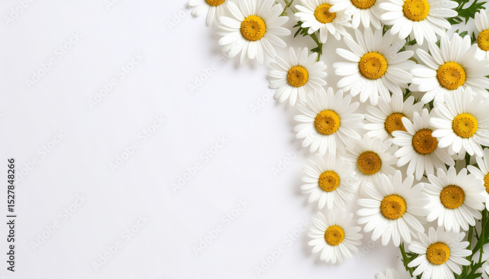 Fototapeta premium White daisy flower with yellow center arranged on white background, creating fresh and cheerful spring or summer floral border with copy space for text