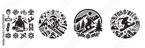 Snowboarding elements vector silhouette