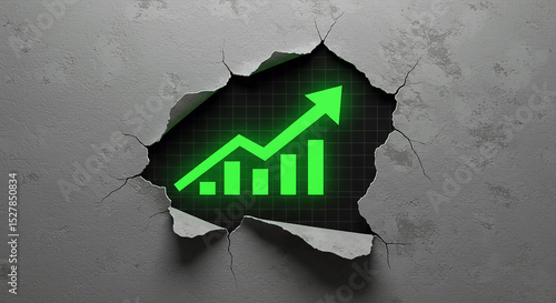 Fototapeta Naklejka Na Ścianę i Meble -  A vibrant green upward trending graph bursts through a cracked concrete wall, symbolizing growth, breakthrough, and overcoming obstacles.