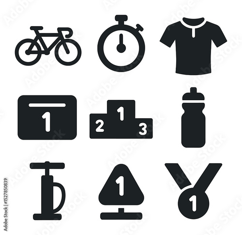 Cycling Icon Set. Solid, filled icons set of competitive cycling: racing bike, stopwatch, cycling jersey, race