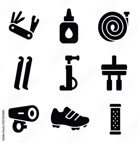 Cycling Gear Icons. Solid, filled icons set of cycling gear essentials: multi-tool, chain oil, inner tube,