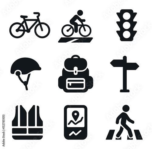 Urban Cycling Icons. Solid, filled icons set of urban cycling: city bike, bike lane, traffic light, crosswalk,