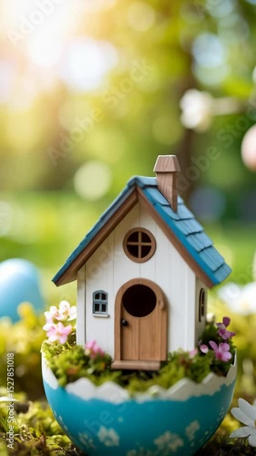 Wallpaper Mural Enchanting miniature fairy house nestled inside a turquoise eggshell on a mossy lawn with blooming flowers under bright sunny sky Torontodigital.ca