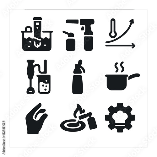 Advanced Cooking Icons. Solid, filled icons set of advanced cooking techniques workshops: sous vide machine,